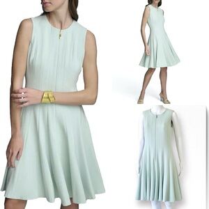 Donna Karan Fit & Flare Dress Front Zip Sleeveless Striped with Seaming Lined